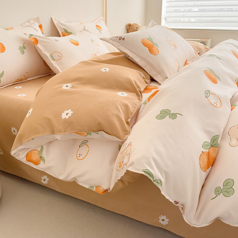 多兰诗（Duolanshi）春夏磨毛四件套 斜纹印花卡通套件被套床单宿舍四季床上四件套 大吉大利 1.8米 床笠款 /被套200*230 四件套