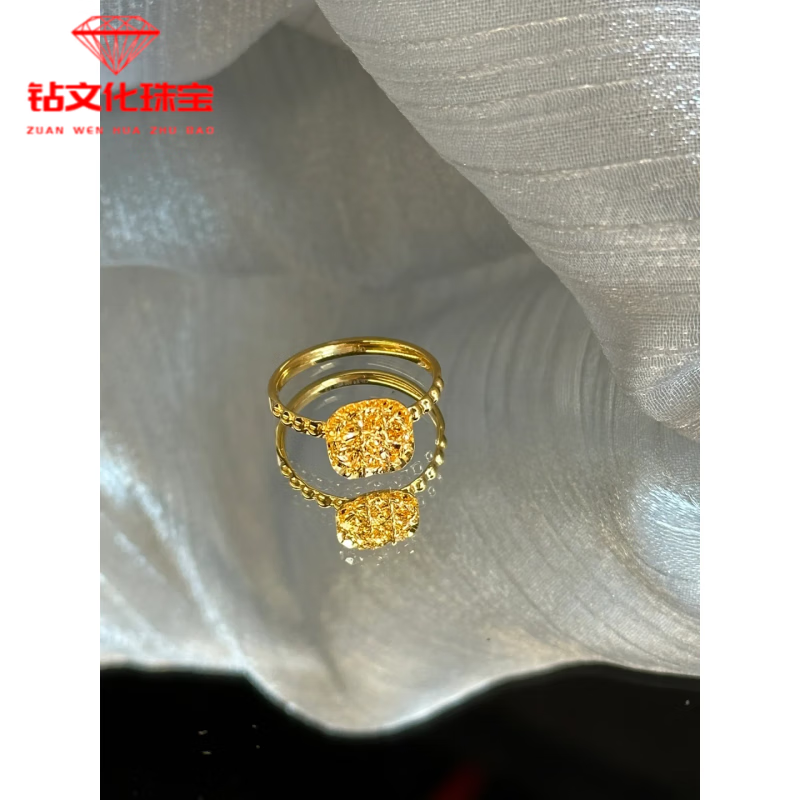 钻文化小方糖k金戒指镀18k金拉丝女小众设计简约感极细戒圈方钻纹 小