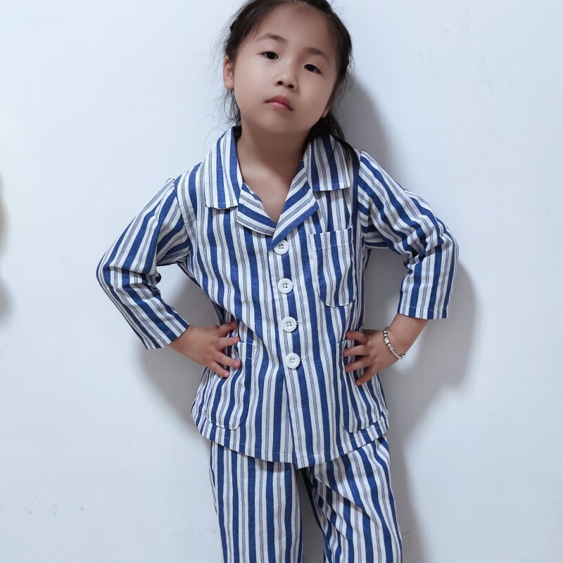藍(lán)白條紋病號(hào)服易穿脫兒童病號(hào)服表演患者住院服透氣純棉睡衣純棉定做套裝幼兒 兒童S號(hào)(4-5歲)