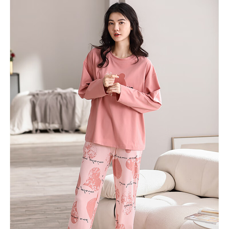 芬腾纯棉睡衣女士春秋季长袖长裤套装圆领少女全棉休闲大码家居服 FX2490448粉红 L 建议:110-125斤