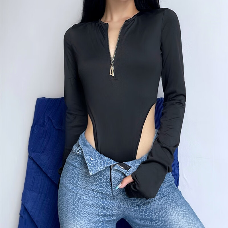 肴盛高叉连体衣欧美性感领拉链高开叉露腰长袖连体上衣女秋黑色紧身显