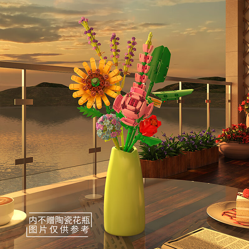哲高积木花束永生花拼装花卉摆件装饰送女生闺蜜伴手治愈礼物 惬意时光（无陶瓷花瓶）