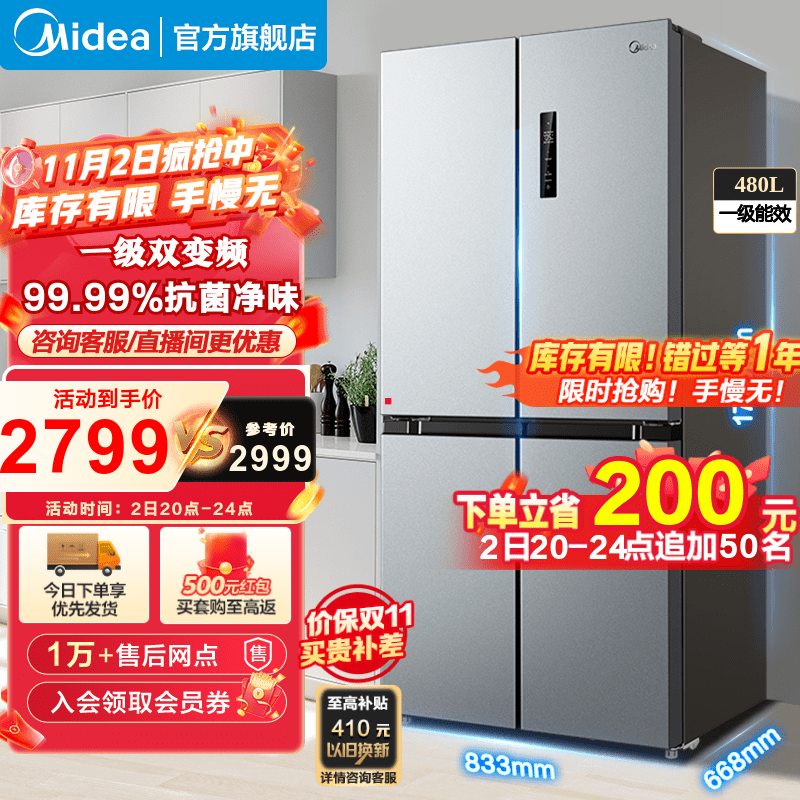美的(Midea)480升冰箱四开门超大容量十字对开门一级能效变频风冷超薄囤货家用电冰箱 BCD-480WSPZM(E)榭湖银属于什么档次？