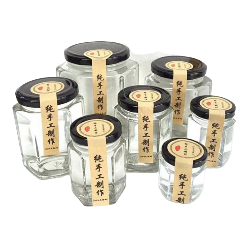 卿嬋 透明六角蜂蜜玻璃瓶辣椒果醬瓶醬菜瓶儲物食品罐頭瓶密封可蒸煮 500ML【泡沫包裝】3只