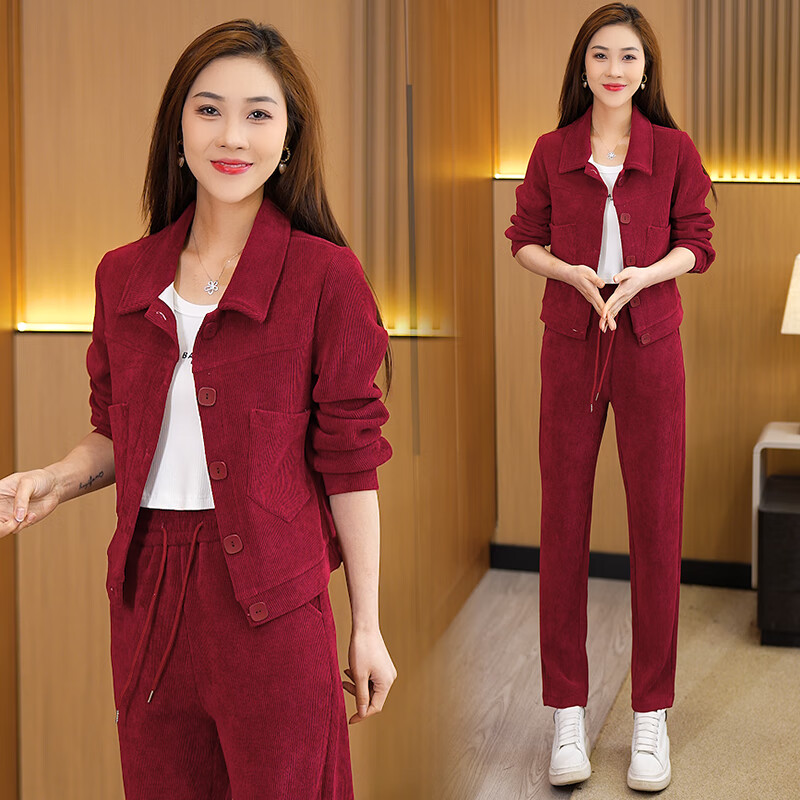 套装女2024春秋新款洋气质长袖开扣外套长裤两件套 枣红色 m80-100斤