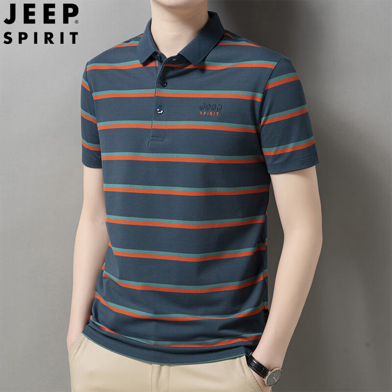 吉普jeep吉普立领夏季男士短袖t恤翻领宽松大码男装条纹半袖polo衫男