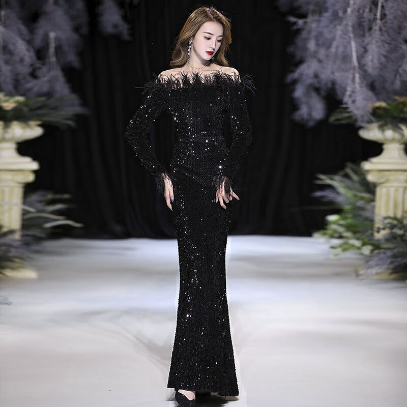 锦结思礼服女宴会晚礼服秋冬平时可穿晚气质鱼尾亮片羽毛高端大气优雅
