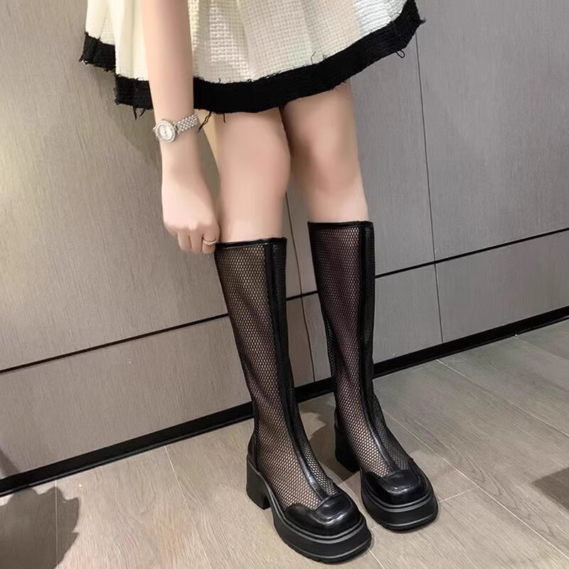 守图(shoutu)夏天网纱网面高筒靴镂空透气女士长筒网靴女薄款厚底高跟
