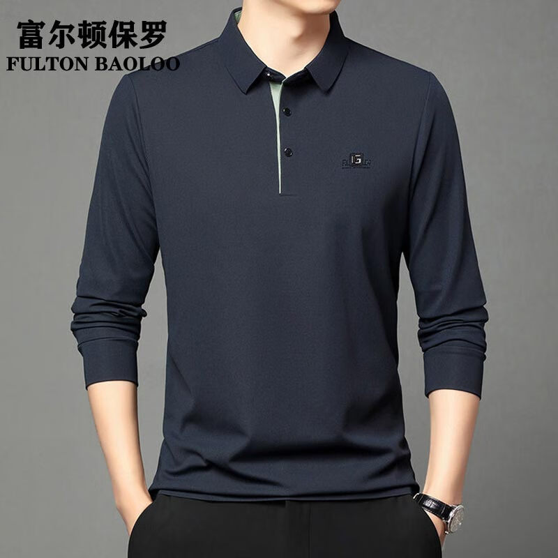 FULTON BAOLOO 富尔顿保罗长袖t恤男士2025春秋季翻领体恤无痕商务休闲宽松POLO衫打底衫潮 藏青 L (170) (建议120到140斤穿)