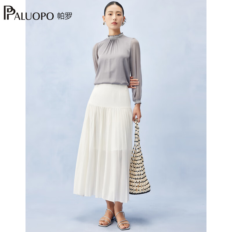 帕罗（PALUOPO）19姆米弹力双乔夏女士真丝长袖t恤荷叶领褶皱重磅木耳边缎面衫 蓝灰色 M (160/84A)