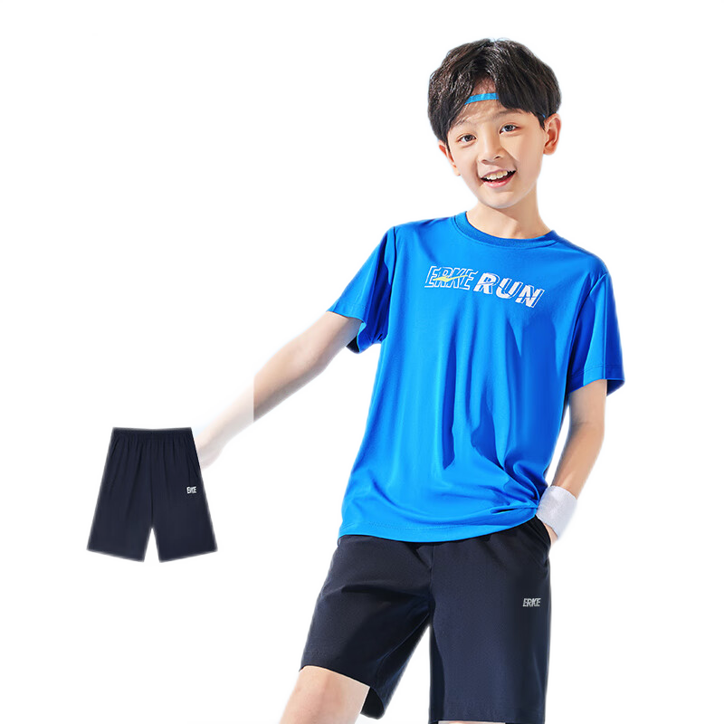 鸿星尔克  儿童装中大童短袖套装印花潮流夏季  蓝黑色羽光蓝 