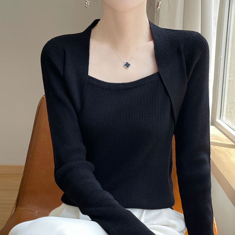 香影芬假两件针织打底衫女2025秋季设计感洋气毛衣秋冬内搭修身显瘦上衣 黑色 XL (建议115-125斤)