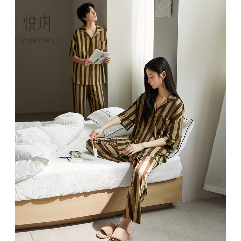悦内情侣睡衣女款夏季莫代尔短袖长裤家居服男士夏款凉感条纹休闲套装 83166浅木棕 男款 L (男110-140斤/女110-120斤)