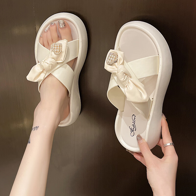 夏爱心蝴蝶结女拖鞋厚底30CM时尚女拖鞋甜美外穿女拖鞋 白色 36-37【偏小一码】