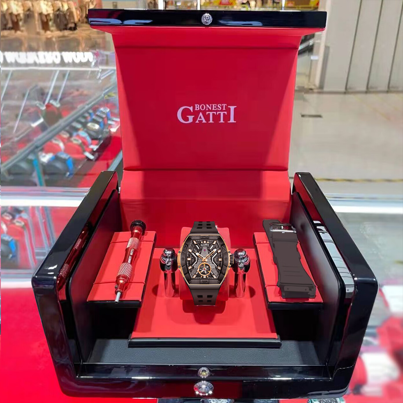 布加迪（BONEST GATTI）德国手表男士全自动机械名表夜光镂空腕表情人节新年礼物送男友 BG5001-R3 黑壳黑面黑胶带