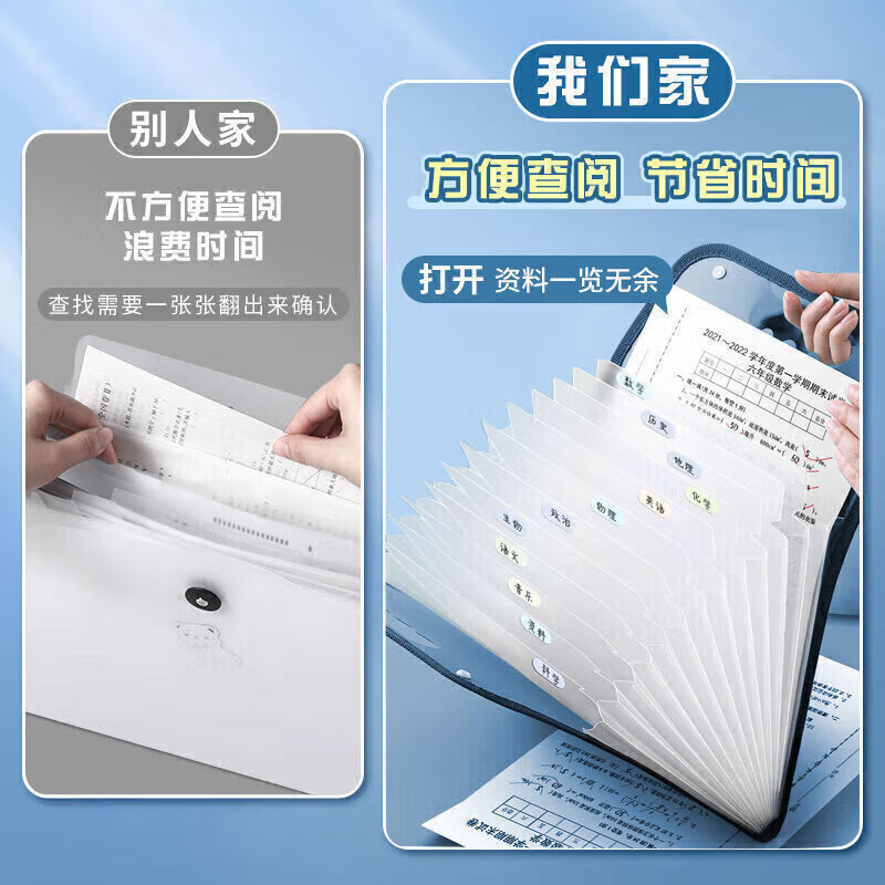 【KL】A4手提文件夹多层大容量风琴包 蓝色+标签贴 双纽扣固定13格