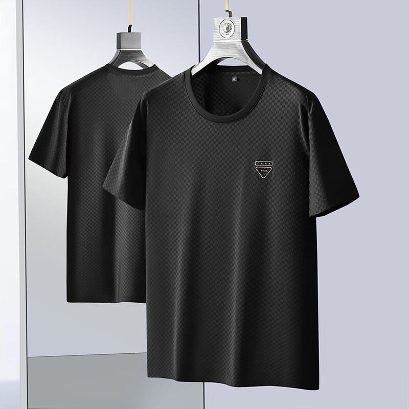 纪堡驰凉感t恤年大码短袖恤夏季冰丝高端加肥加大男圆领薄短袖 黑色