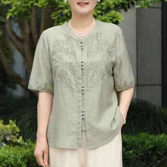 骄拓中老年夏装女装妈妈装夏季新中式绣花套装2024新款洋气中老年女中 绿色单上衣 XL 建议90-105斤