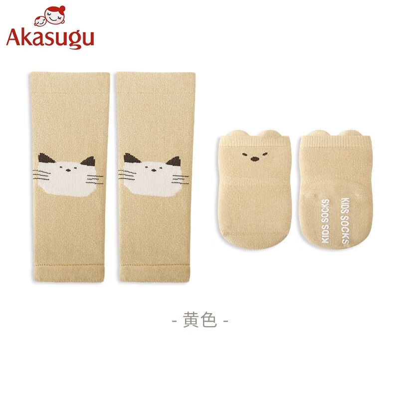 Akasugu毛圈加厚宝宝袜子婴儿地板袜过膝袜长筒袜护膝套装秋冬季黄色 XS码（建议0-6个月）