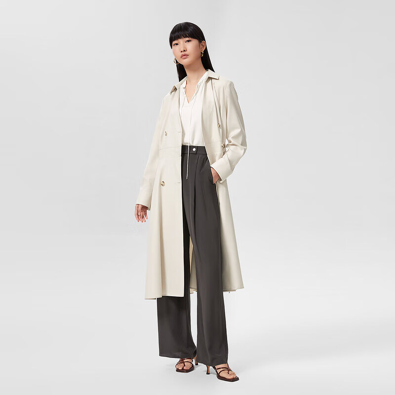 OVV2022春夏新款女装桑蚕丝羊毛混纺双排扣通勤系带款风衣外套 裸粉03 M