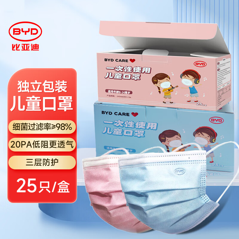 比亚迪（BYD）一次性儿童口罩舒适高透气独立包装细菌过滤99