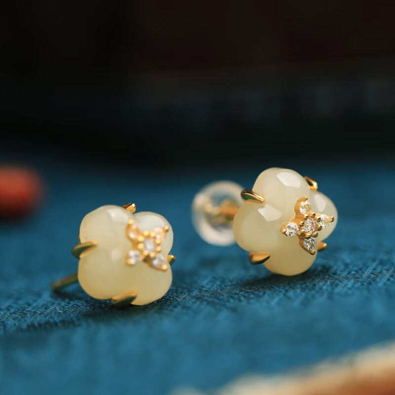 snqp金镶玉耳钉和田玉银四叶草女玉石山茶花感轻奢耳饰耳环 四叶草