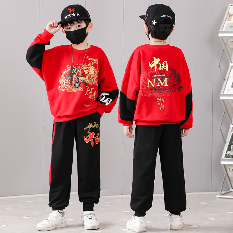 宇龙童话童装男童套装春秋装儿童中国风国潮红色男孩帅气运动秋款衣服 黑色春秋套装（衣服裤子） 170