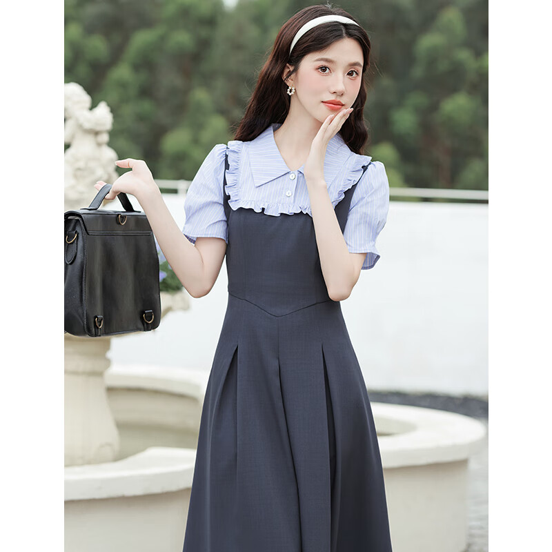 场合衬衫连衣裙女夏季2024新款法式复古收腰裙子教资面试穿搭 陨石灰