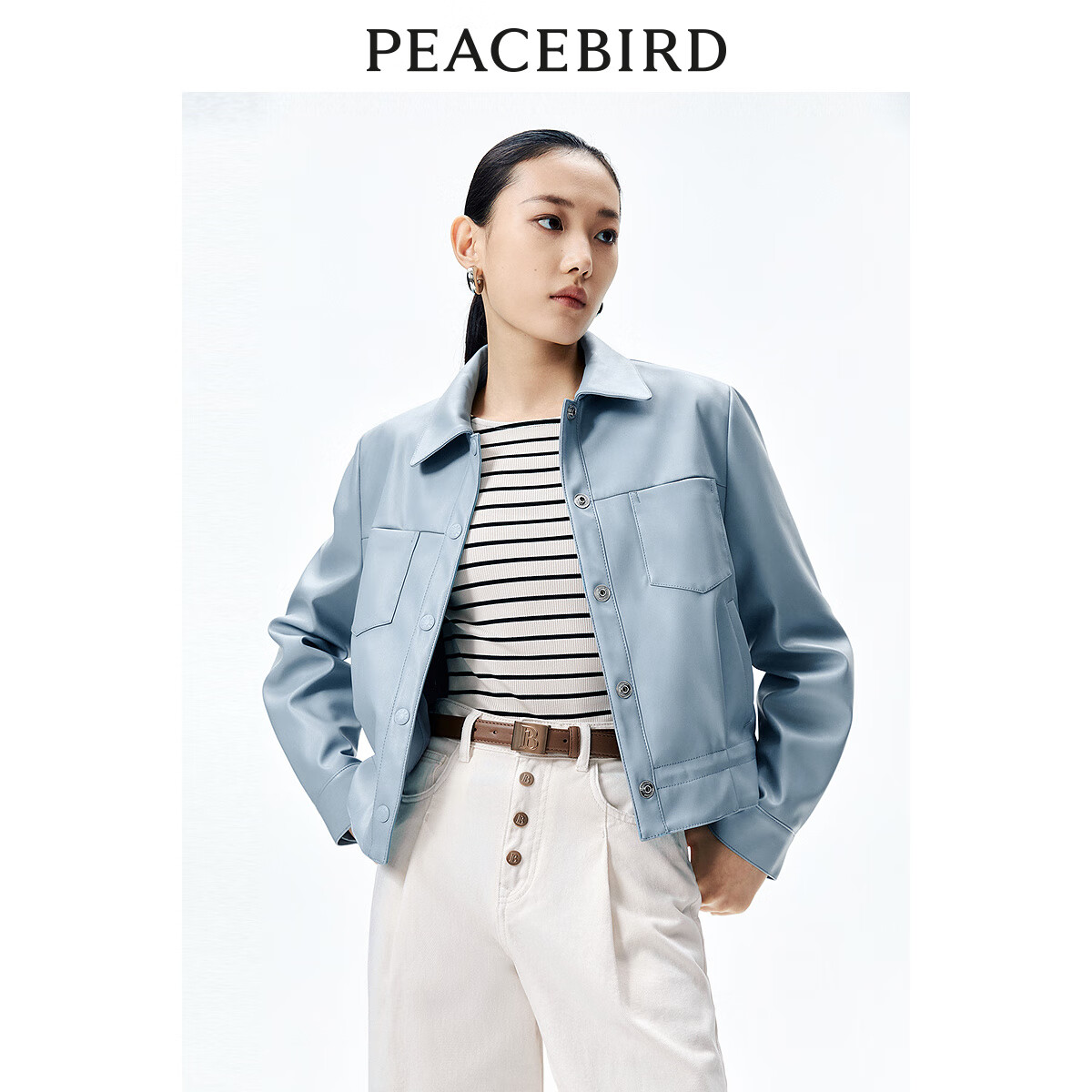 太平鸟【张婧仪同款】蓝色短款PU外套女商场24年春新款A1BBE1355 蓝色 L