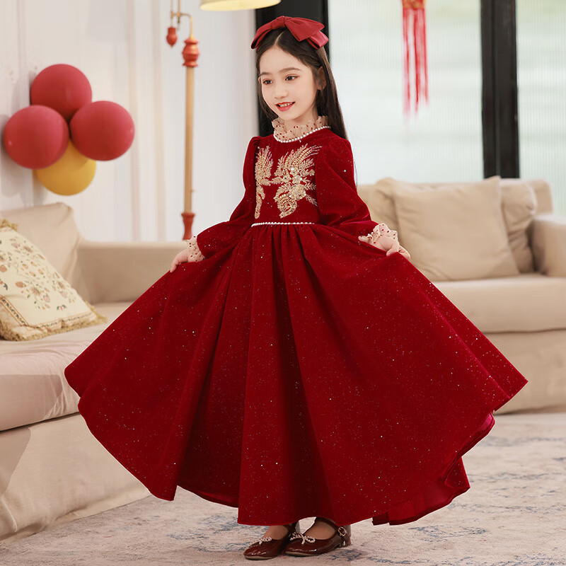 洛童欧(luotongou)红色礼服女童高定公主裙新款儿童主持人花童婚礼小