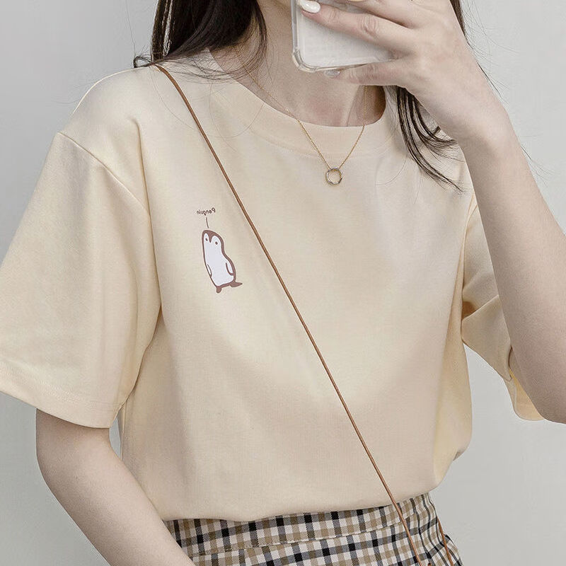 2024夏季新款短袖t恤宽松百搭印花小众洋气正肩女上衣休闲ins潮 杏色