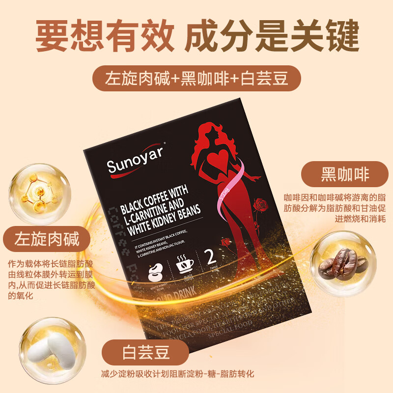 Sunoyar左旋肉碱白芸豆速溶黑咖啡0糖0脂0卡减肥运动阻碳水健身搭档代餐 1盒装【预估掉5-10斤快速提代谢】搭蓝帽咖啡