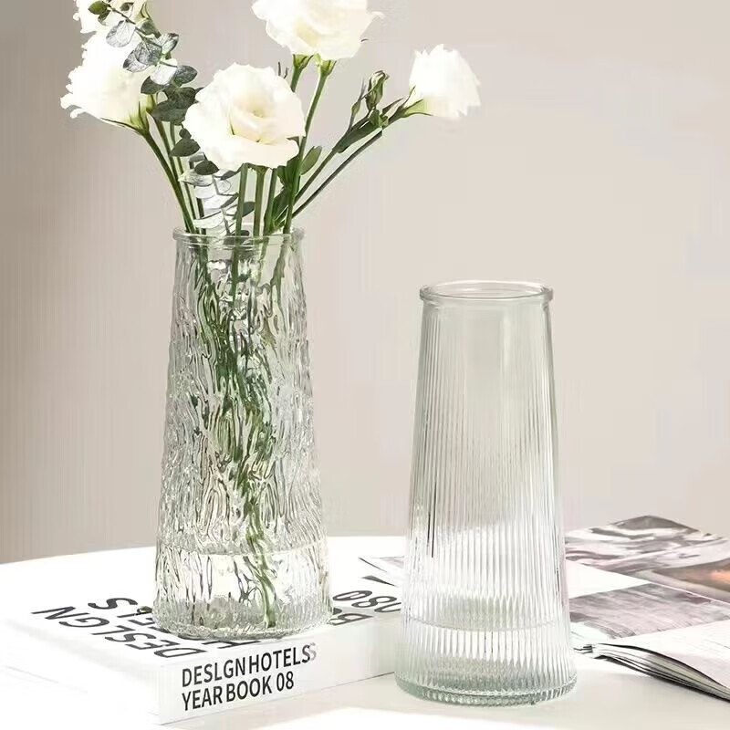 FGHGF简约玻璃花瓶桌面插花水养干花花瓶ins风高颜值客厅摆件 水波纹花瓶1个