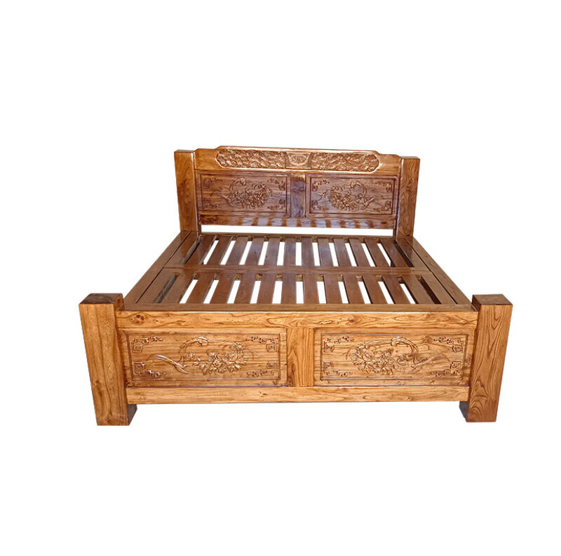 8米北方老榆木纯实木床 双人床雕花卯榫床新中式现代简约韩 祥云喜上