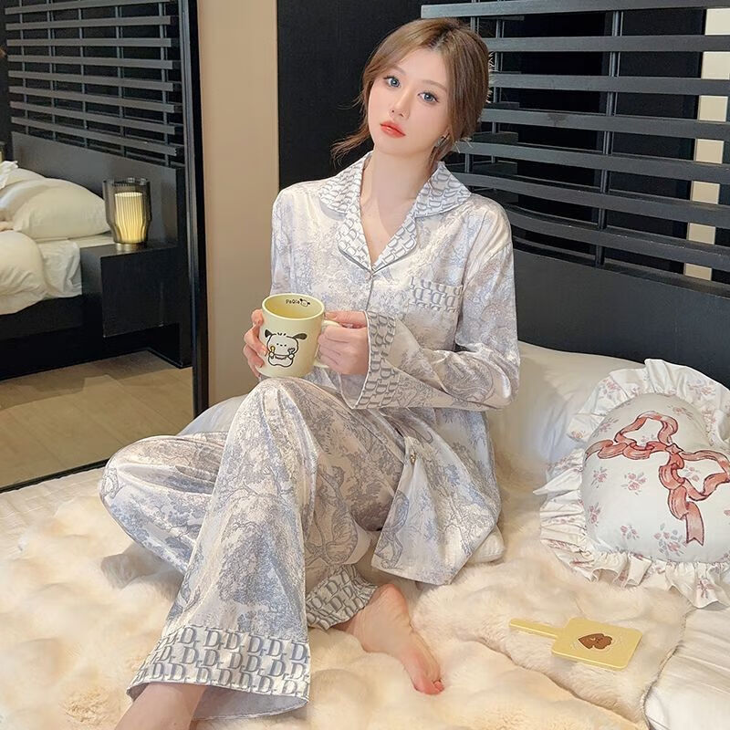 wcz罗丽丝睡衣小香风睡衣女春秋季冰丝开衫长袖纯欲甜美家居服中国风