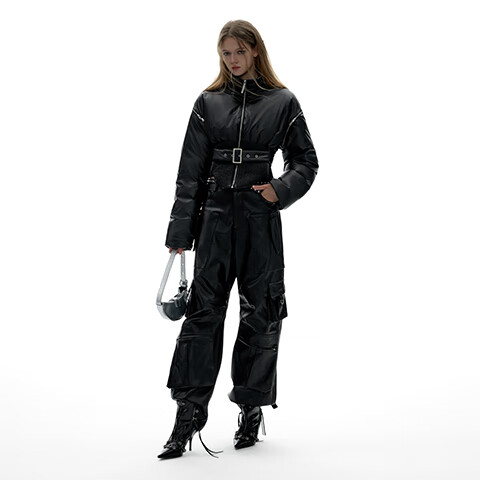 IMXS微肌理哑光高级感羽绒服女装新款可拆卸两穿立领保暖收腰冬季外套 黑色 S