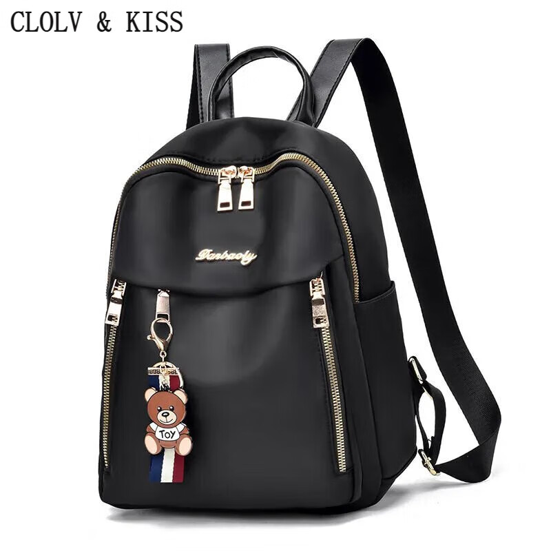 clolv kiss牛津布双肩包女2024新款潮百搭帆布时尚女士背包大容量书包 经典黑