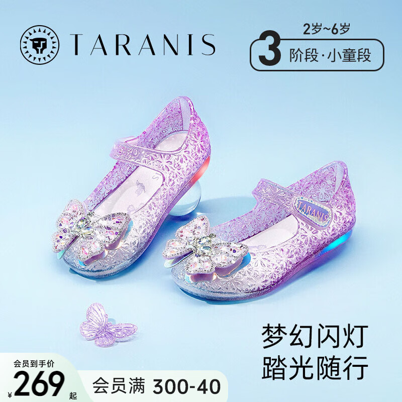 泰兰尼斯夏季新款儿童凉鞋水晶果冻鞋女童闪灯鞋小女孩公主鞋洋气 紫/白 25码 内长16.0cm适合脚长15.0cm