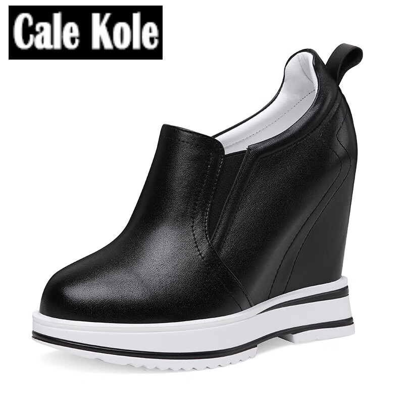 calekole轻奢真皮厚底内增高12cm女鞋小白鞋女旅游休闲小码坡跟增高鞋秋冬 黑色 40