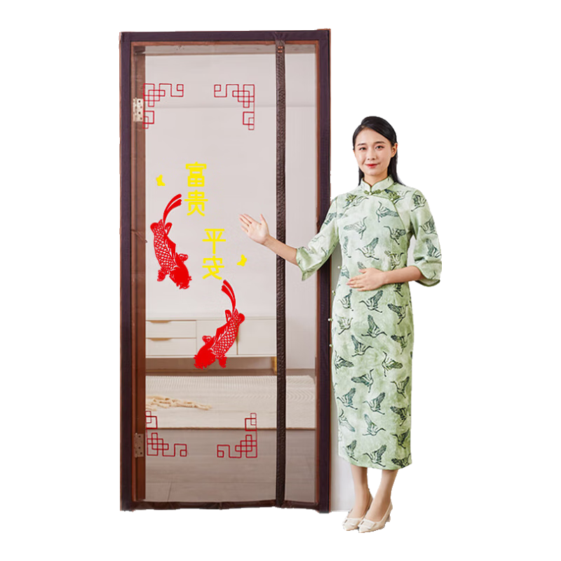 紗屋凈新款側開全磁條刺繡防蚊門簾紗窗自吸入戶門防盜門紗簾磁性金剛紗 富貴平安【側開新款 金剛刺繡】 100*200