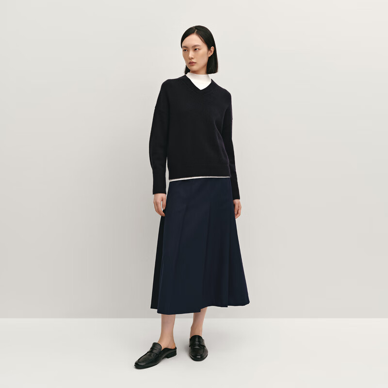 OVV秋冬热卖女装V领袖口活动金属扣羊毛长袖针织衫 藏青 S