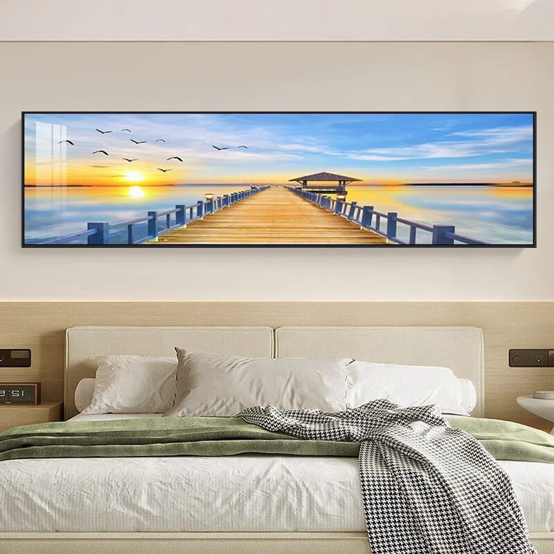 现代简约主卧温馨床头挂画海景横幅壁画抽象客厅画酒店民宿风景画 珠联璧合 200x70cm(适合2米以上)镶钻画