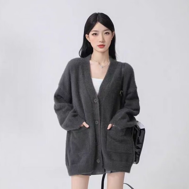 雷黛茜慵懒貂绒春季外套女软糯宽松中长款上衣针织开衫毛衣春秋外套 深灰/版 保证/不掉毛不起球 S 80-95斤