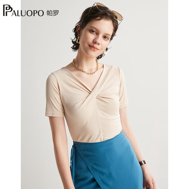帕罗（PALUOPO）纯色莫代尔v领短袖t恤女交叠领打底衫夏季新款上装性感半袖衣服 米色 M (160/84A)