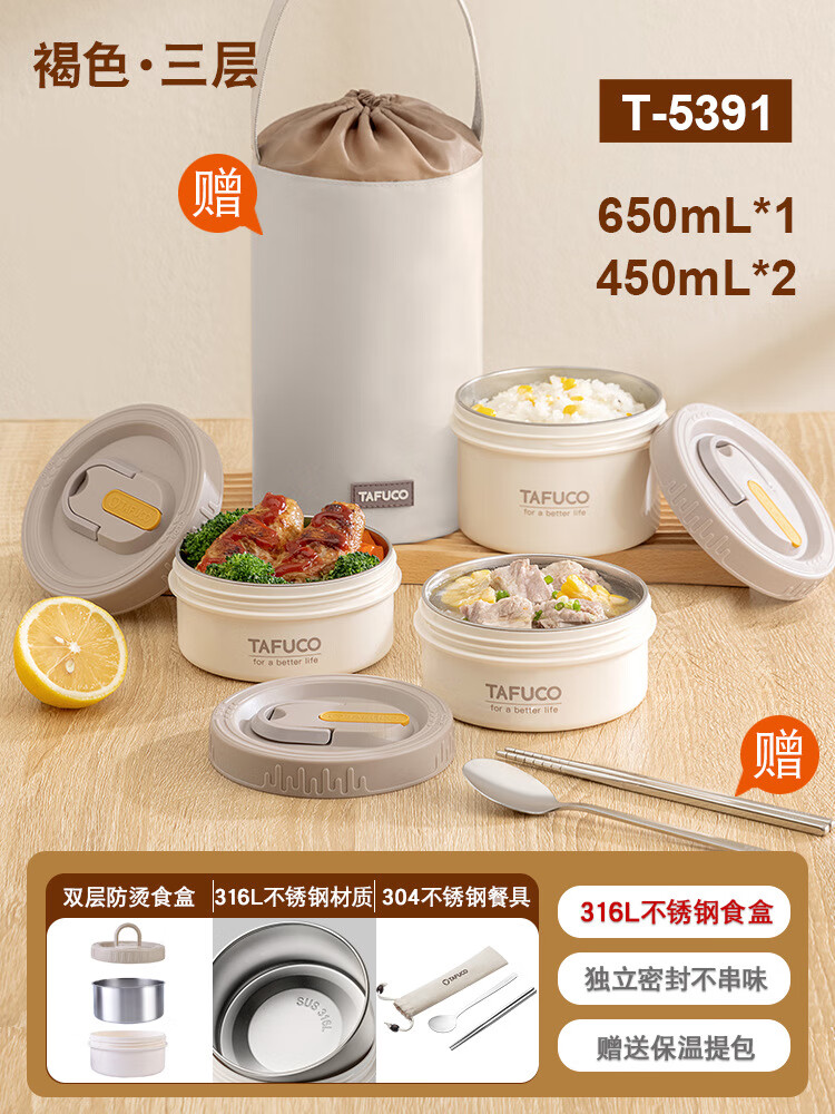 泰福高（TAFUCO）日本泰福高多層保溫飯盒316L不銹鋼上班族餐盒便 1.55L 【可微波加熱】T5391三層送包餐具