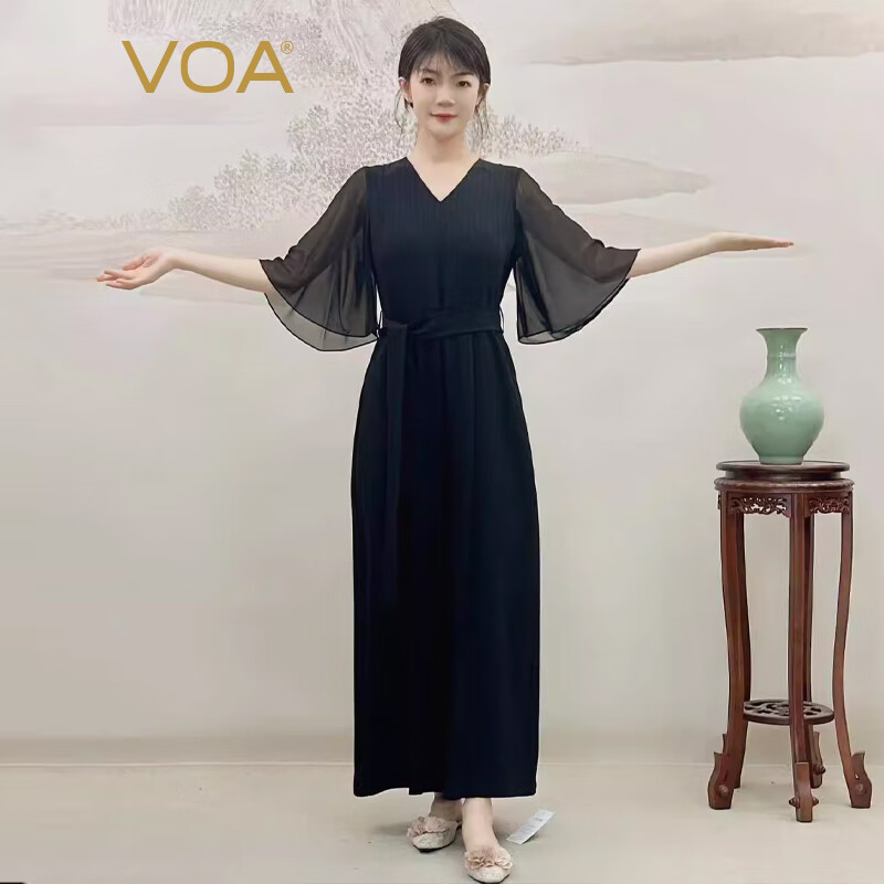 VOA重磅真丝41姆米无界V领撞料拼接五分袖阔腿桑蚕丝连体裤 KE299-1 条纹黑（B16） M