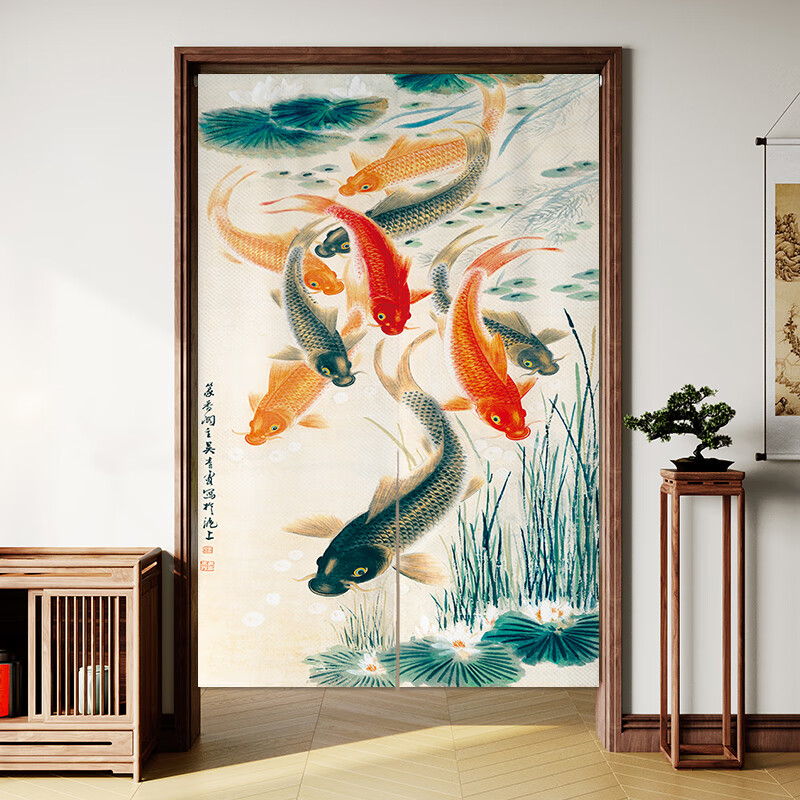 澳颜莱九鱼图隔断帘 中式门帘九鱼图布艺挂帘中国风卧室半帘厕所装饰