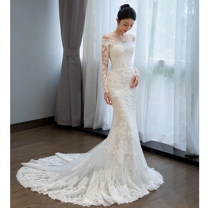 勤記魚尾婚紗新娘主紗高級法式一字肩輕婚紗魚尾禮服裙新娘輕奢高級感 米白色 XS 均碼