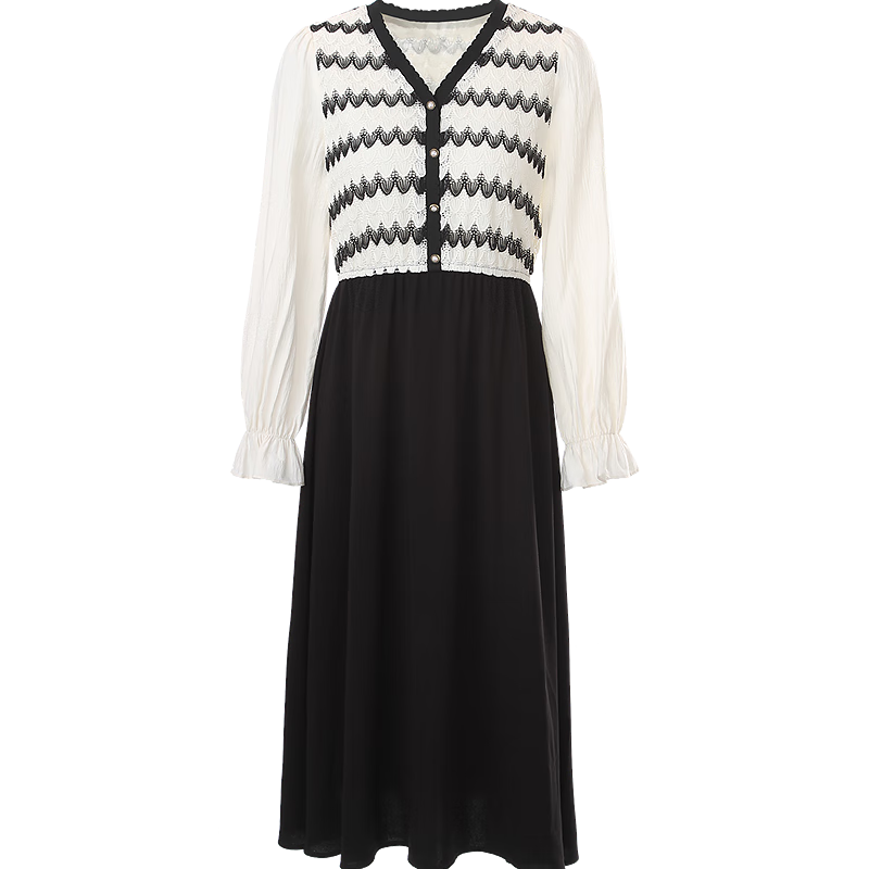 百图betu女装春季新款连衣裙法式条纹拼接长袖连衣裙女2401T66 黑色 L