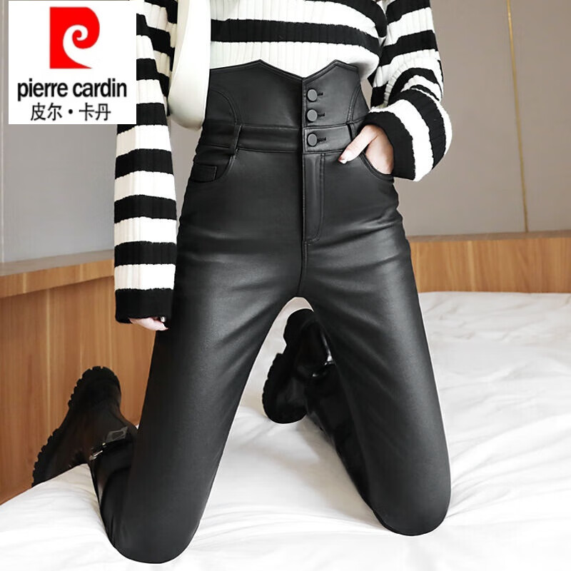 皮尔卡丹(pierre cardin)加绒皮裤女23秋冬新款弹力哑光外穿打底裤